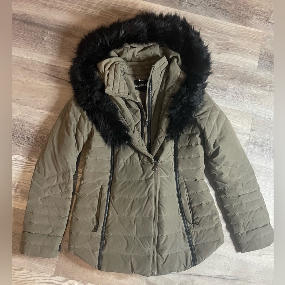 Express Olive Green Fur-Trimmed down coat
